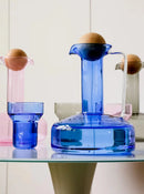 Colorful borosilicate glass kettle set with lid, modern pitcher with cup, pink blue grey clear 