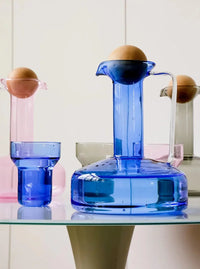 Colorful borosilicate glass kettle set with lid, modern pitcher with cup, pink blue grey clear 