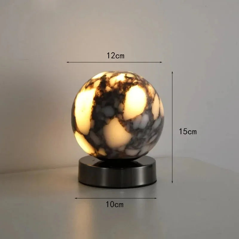 Marble LED bedside lamp soft glow sculptural natural stone cylinder and globe night light