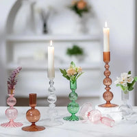 Colorful glass taper candle holders with ribbed and gradient design, set of 3 decorative centerpiece candlesticks