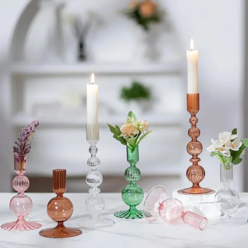 Colorful glass taper candle holders with ribbed and gradient design, set of 3 decorative centerpiece candlesticks