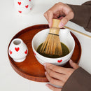 Ceramic heart print matcha bowl set with whisk holder and tea cup glossy white tea tools