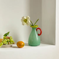 Handblown Glass Vase Colorful Dual Tone Spout Handle Pedestal Decorative Home Accent