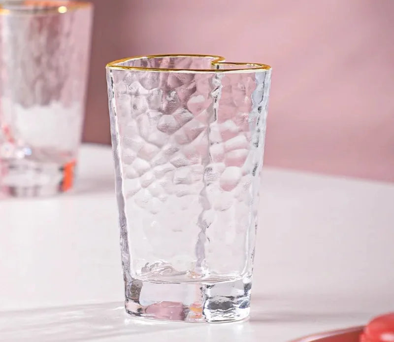 Nordic Lead Free Hammer Pattern Heart Shape Lovely Clear Glass Tumbler Cup with Gold Rim 210ml 7oz Cups for Lovers 1 Pc-Letifly Lights and Decor