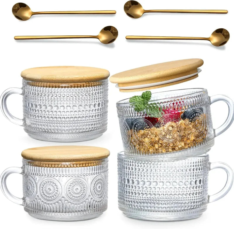 450ml glass cups and wooden lids, vintage glass coffee cups are perfect for cappuccinos, latte, cereal-Letifly Lights and Decor