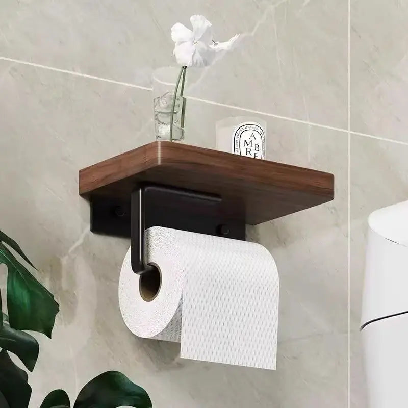 Toilet Paper Holder with Natural Walnut Wooden Shelf Tissue Roll Hanger Wall Mounted Paper Towel Bar 304 Stainless Steel Paper-Letifly Lights and Decor