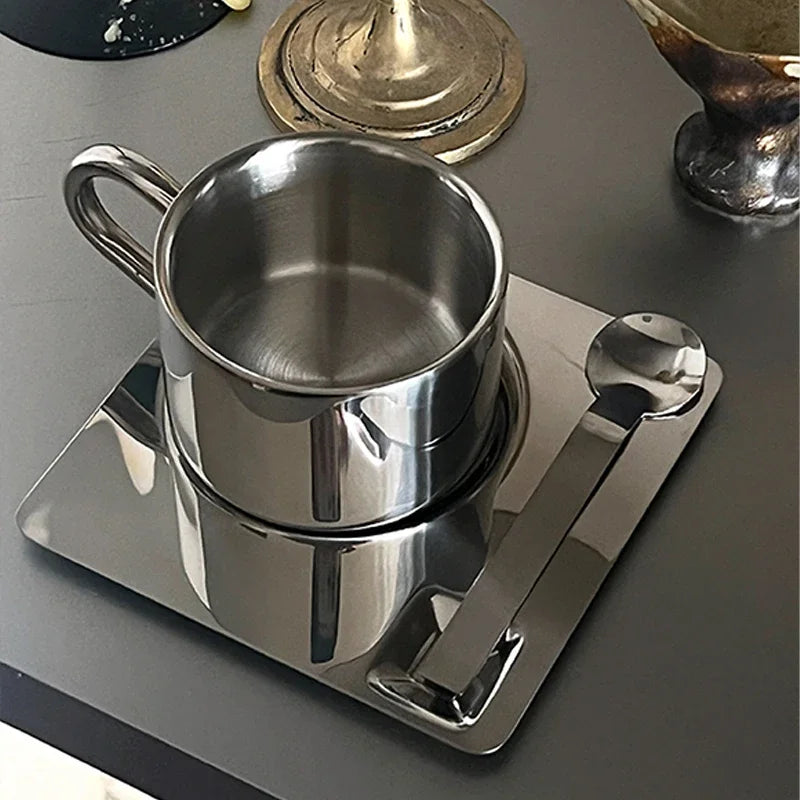 Stainless steel espresso cup and square saucer modern coffee tea set 3pc set with teaspoon