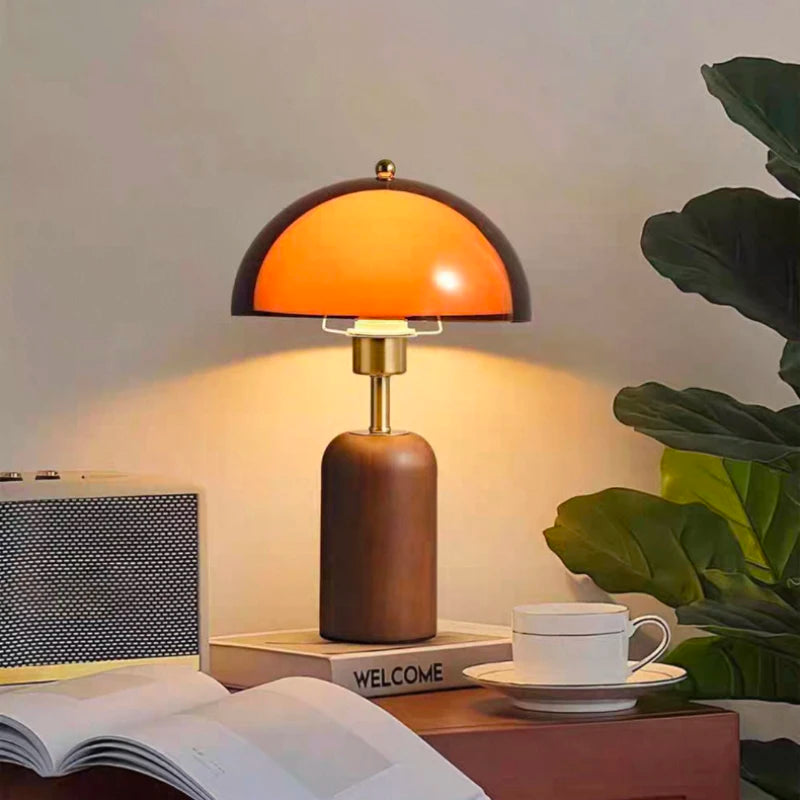 Letifly Lights & Decor - Amber Dome Table Lamp - Amber acrylic dome table lamp with wood-look base and brass-toned stem