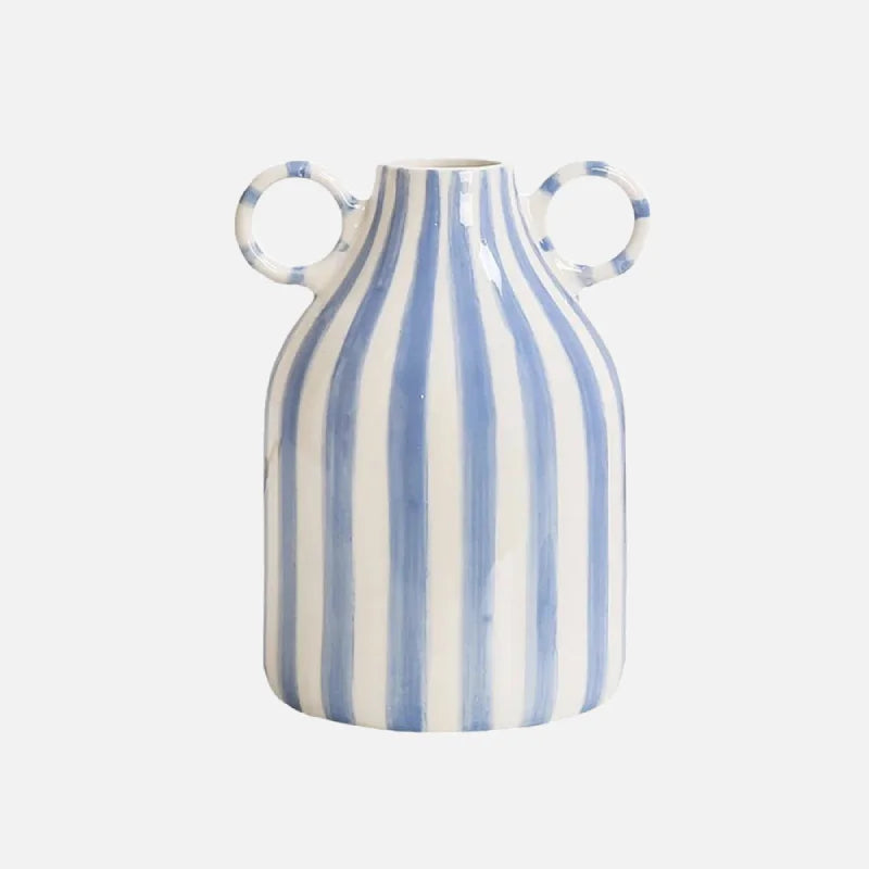 Ceramic Vase Double Ear Striped Glazed Black Blue Abstract Living Room Modern Decor