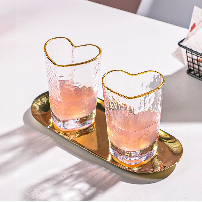 Nordic Lead Free Hammer Pattern Heart Shape Lovely Clear Glass Tumbler Cup with Gold Rim 210ml 7oz Cups for Lovers 1 Pc-Letifly Lights and Decor