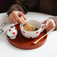 Ceramic heart print matcha bowl set with whisk holder and tea cup glossy white tea tools