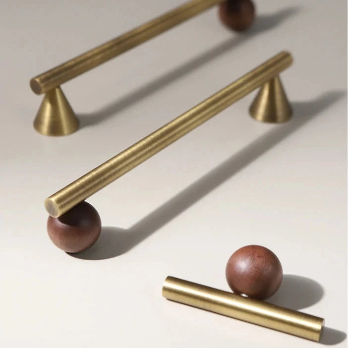 Bronze Brass + Walnut Wood Cabinet Handle and Knob Drawer Knobs T Bar Bedroom Kitchen Cupboard Hardware / Drawer Handles-Letifly Lights and Decor