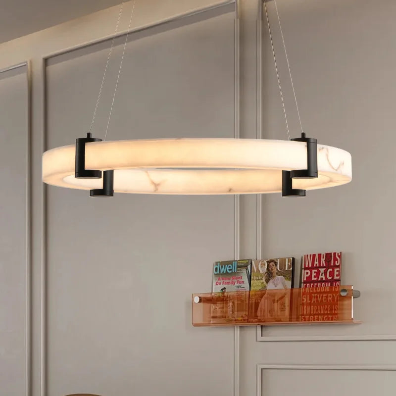 Aura Marble Ring Pendant 23.6Inch Round LED Pendant Light Hanging Chandelier Adjustable Height for luxury living room and modern dining area