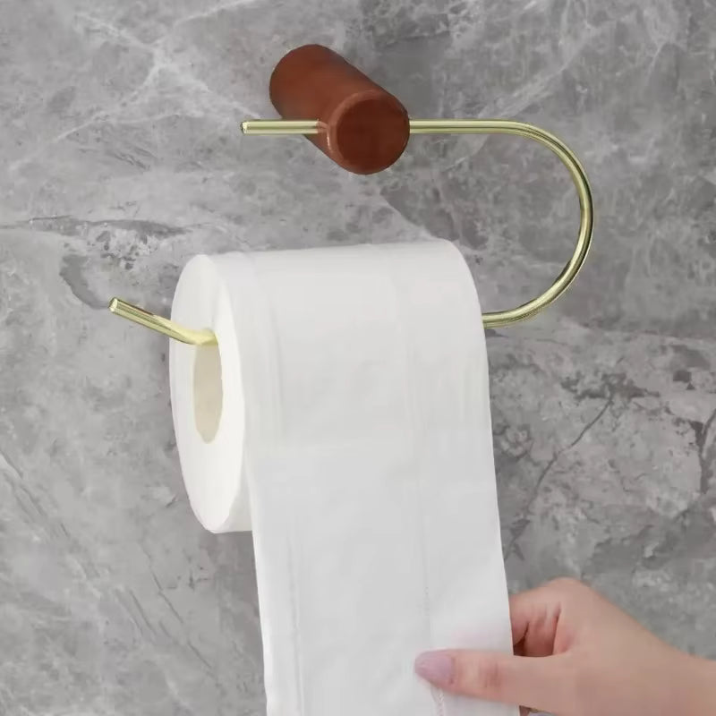 Wood Toilet Paper Holder No Drill Kitchen Storage Brass Towel Hanger Bathroom Accessories Self-Adhesive Wall Mounted Tissue Rack-Letifly Lights and Decor