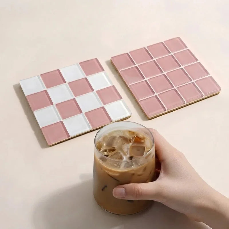 2Pcs Square Mosaic Glass Coaster Set, Heat Resistant Drink Cup Mats, Non-Slip Cork Base Table Protection Mat, Modern Minimalist-Letifly Lights and Decor