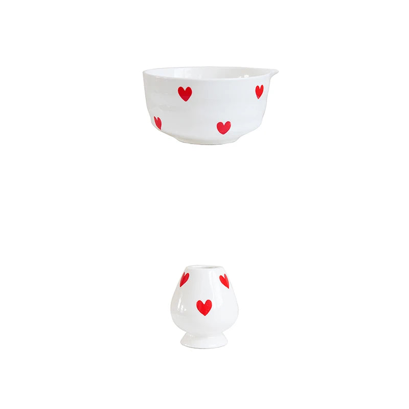 Ceramic heart print matcha bowl set with whisk holder and tea cup glossy white tea tools