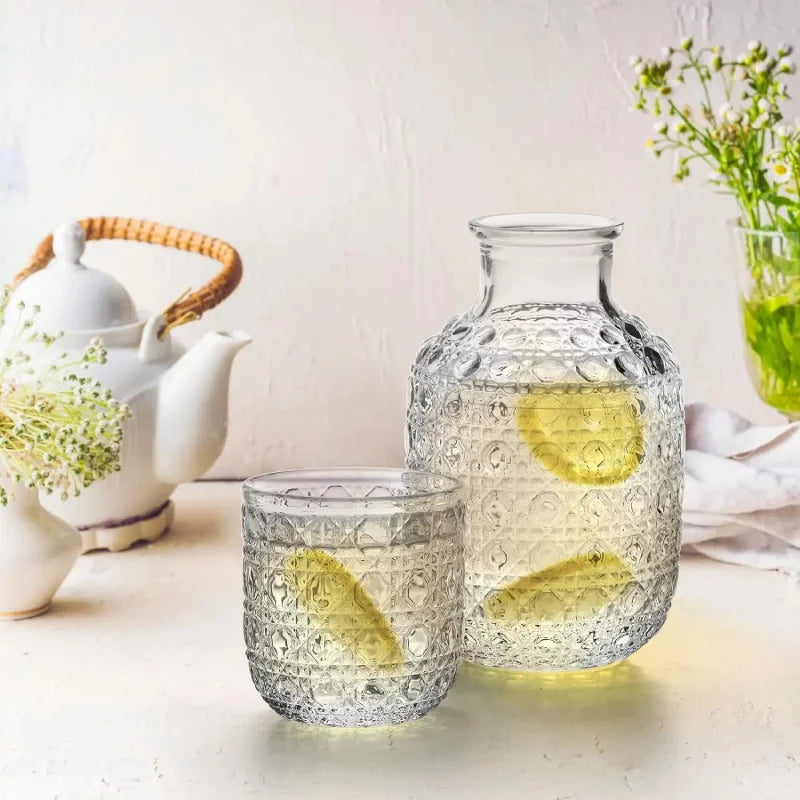 Bedside Carafe Pitcher And Water Glass Tumbler Set Vintage Glass Water Pitcher With Cup Set For Bedroom Retro Relief Patterns-Letifly Lights and Decor