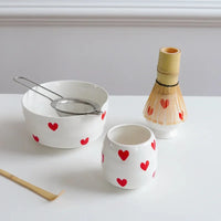 Ceramic heart print matcha bowl set with whisk holder and tea cup glossy white tea tools