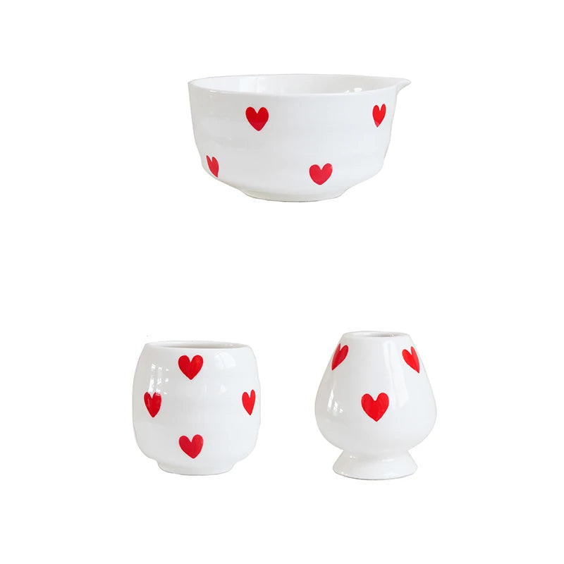 Ceramic heart print matcha bowl set with whisk holder and tea cup glossy white tea tools
