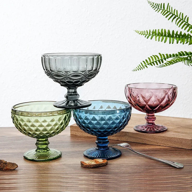 1 PC Vintage Embossed Solid Colored Goblet 300ml 10oz Glasses Goblets Stemware Ice Cream Dessert Cocktail Glass Cup Table Decor-Letifly Lights and Decor
