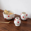 Ceramic heart print matcha bowl set with whisk holder and tea cup glossy white tea tools