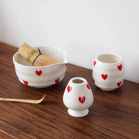 Ceramic heart print matcha bowl set with whisk holder and tea cup glossy white tea tools
