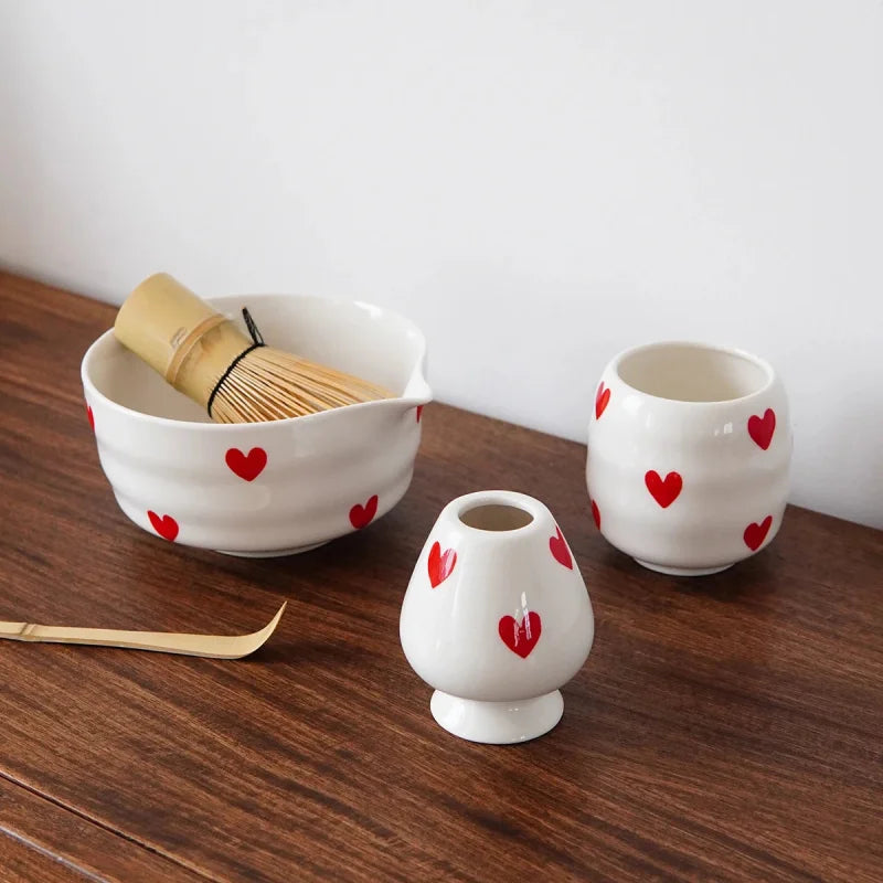 Ceramic heart print matcha bowl set with whisk holder and tea cup glossy white tea tools