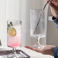 Footed glass cup vertical ribbed clear tall pedestal iced coffee juice cocktail wine elegant