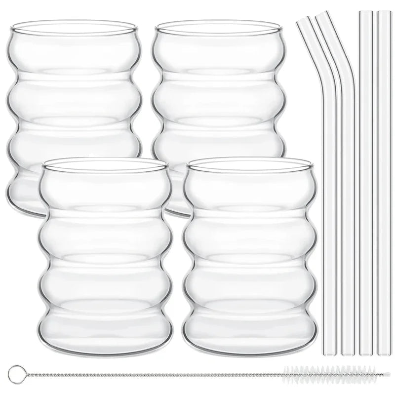 Leeseph 4Pcs Creative Glass Cups Coffee Mug Vintage Drinking Glasses Ribbed Glassware Aesthetic Cups with Straws Set-Letifly Lights and Decor