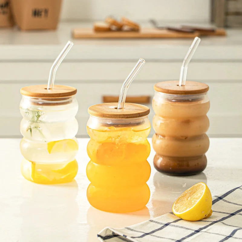 bubble glass cup bamboo lid straw borosilicate eco-friendly drinkware