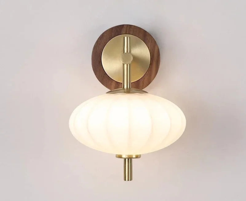 The Aurelia Sconce Walnut wood wall sconce with ribbed glass shade modern retro bedside light