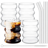 Leeseph 4Pcs Creative Glass Cups Coffee Mug Vintage Drinking Glasses Ribbed Glassware Aesthetic Cups with Straws Set-Letifly Lights and Decor