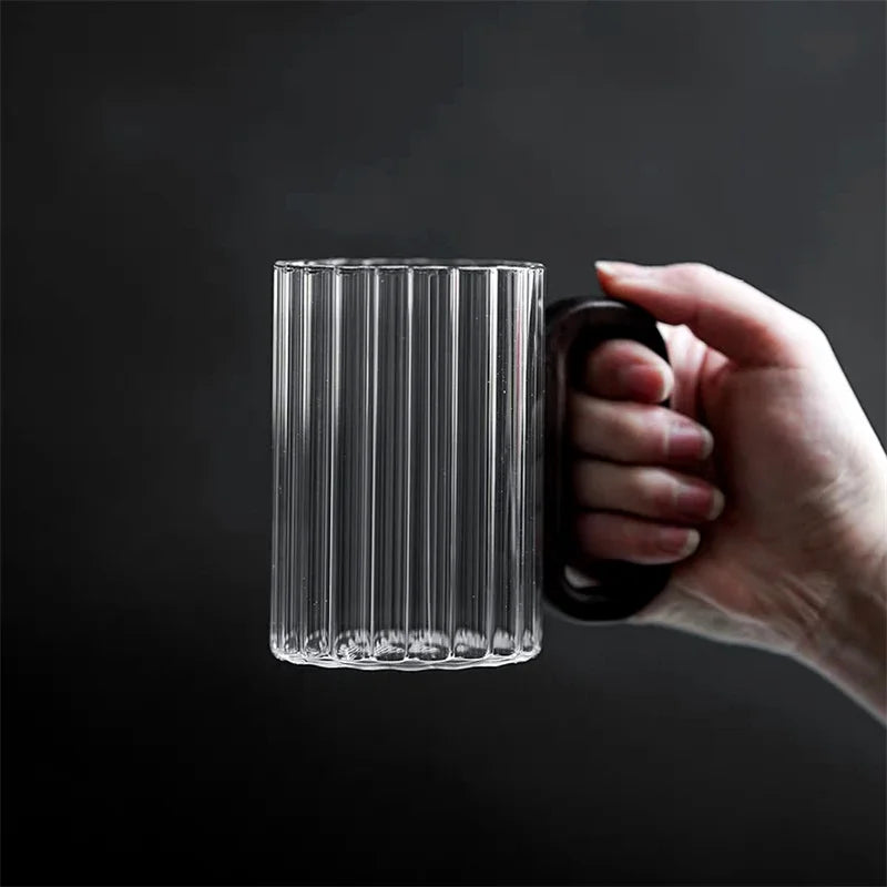 Glass Coffee Mug Ribbed 350ml Walnut Handle Heat Resistant Borosilicate Tea Milk Cup
