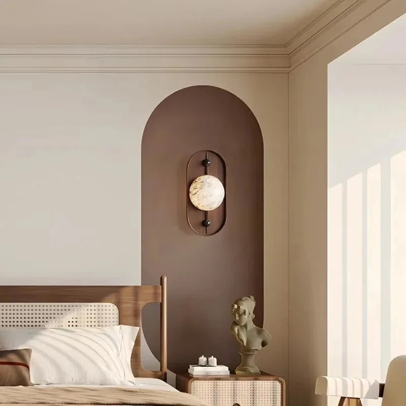 Marble Wall Lamp Sculptural Wood Frame Minimalist LED Japanese Modern Indoor Accent Lighting