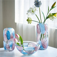Colorful Glass Vase Petal Pattern Pink Blue Hand-Blown Modern Decorative Floral Vase Set