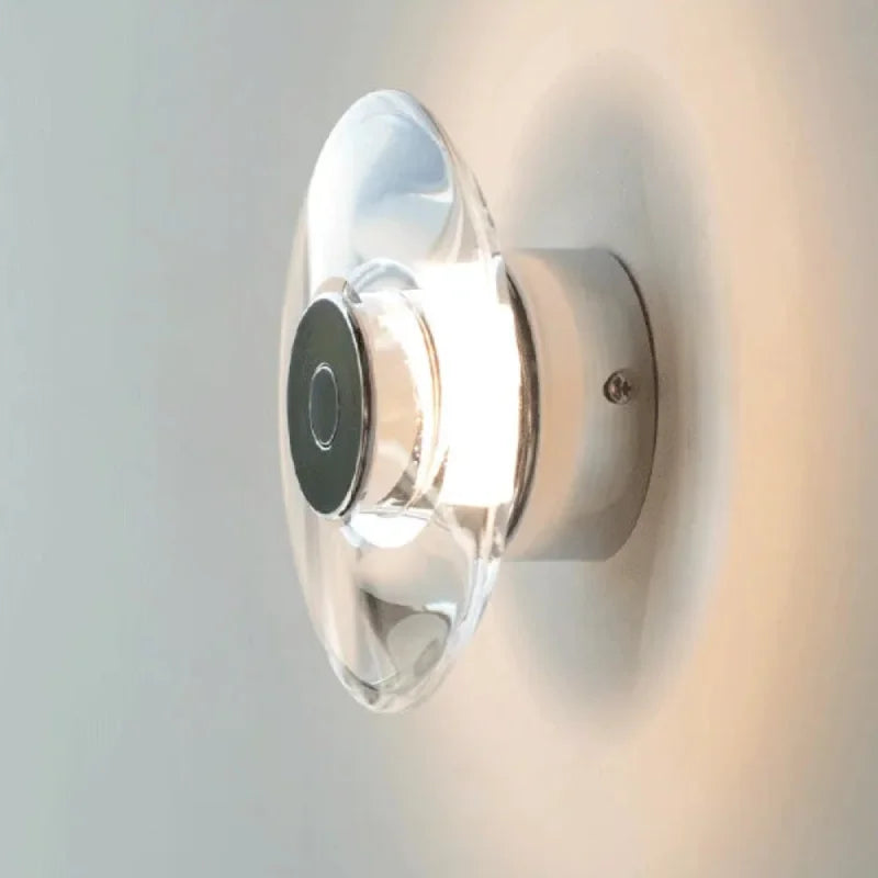 Modern round crystal LED wall sconce clear glass chrome mirror finish minimalist lighting