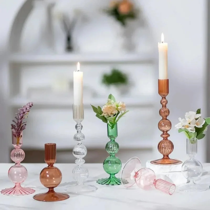 Colorful glass taper candle holders with ribbed and gradient design, set of 3 decorative centerpiece candlesticks