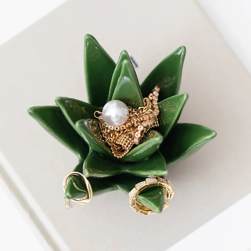 Nordic ceramic cactus aloe ring jewelry organizer, decorative green succulent earring storage dish for home study, office desk, and vanity decor