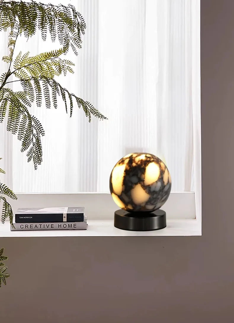 Marble LED bedside lamp soft glow sculptural natural stone cylinder and globe night light