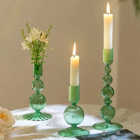 Colorful glass taper candle holders with ribbed and gradient design, set of 3 decorative centerpiece candlesticks