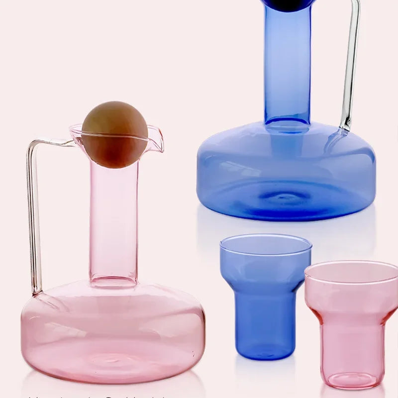 Colorful borosilicate glass kettle set with lid, modern pitcher with cup, pink blue grey clear 