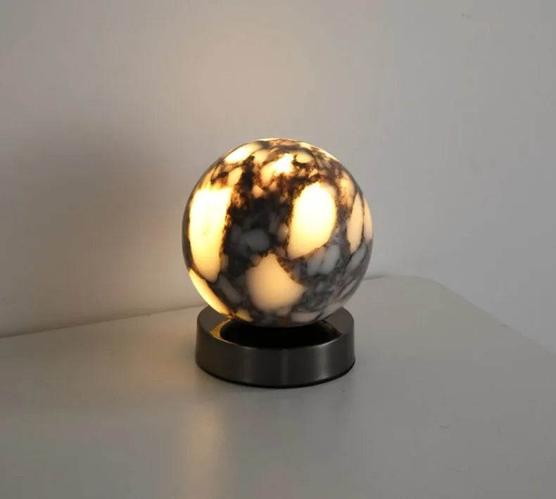 Marble LED bedside lamp soft glow sculptural natural stone cylinder and globe night light