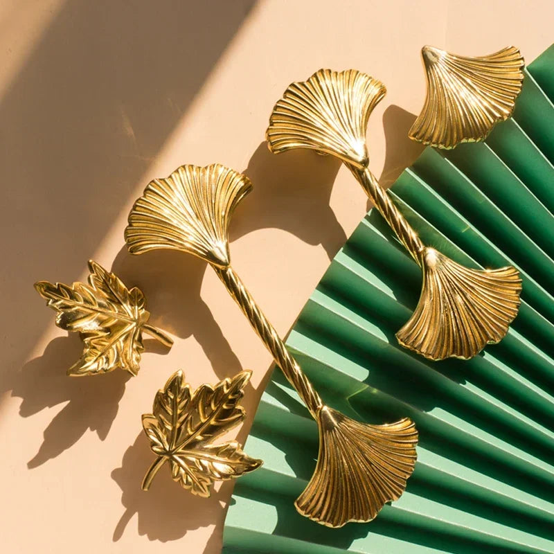 Ginkgo Leaf Brass Cabinet Door Handle Creative Personality Solid Wardrobe Nordic Gold Drawer Cabinet Handle Home Hardware-Letifly Lights and Decor