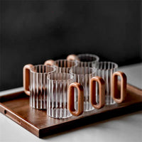 Glass Coffee Mug Ribbed 350ml Walnut Handle Heat Resistant Borosilicate Tea Milk Cup