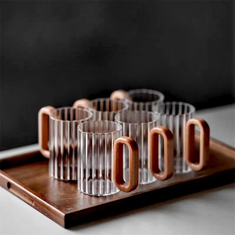 Glass Coffee Mug Ribbed 350ml Walnut Handle Heat Resistant Borosilicate Tea Milk Cup