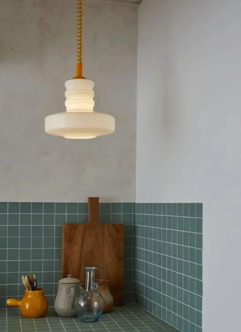 Vintage glass suspension lamp, retro creative white milk glass chandelier with blue coiled cord, Chromatic Coil Lamp for living room kitchen decor