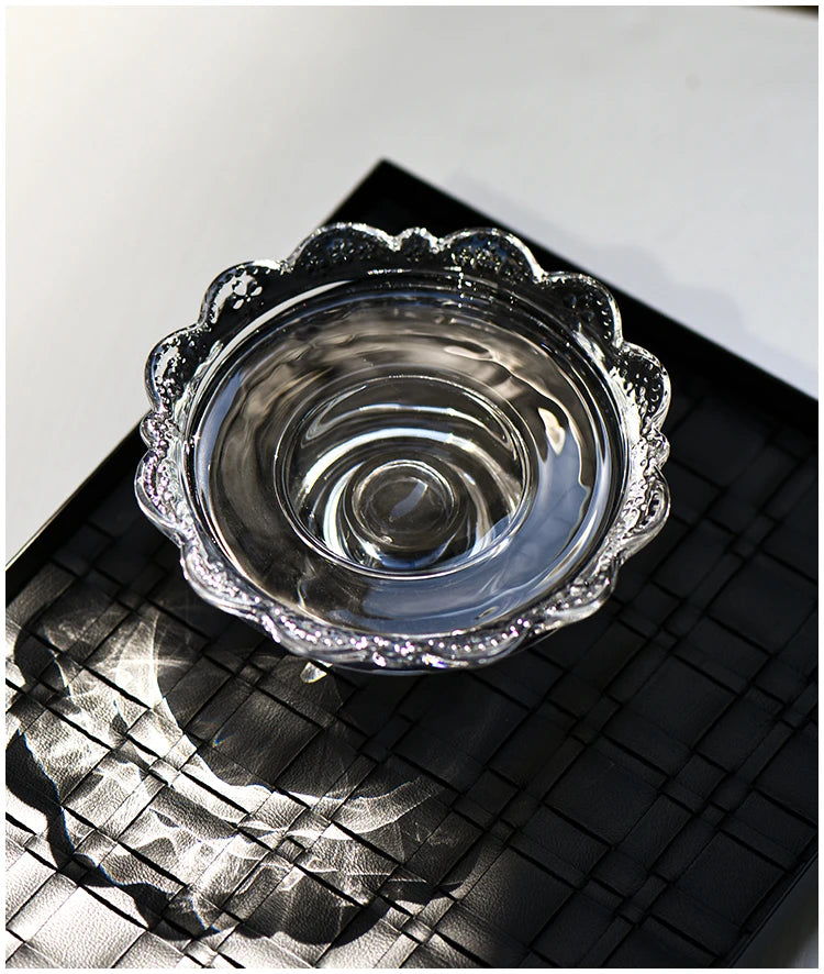 Vintage clear glass dessert plate, Heirloom Pedestal Tray jewelry display storage tray, scalloped lace candle holder for elegant home decoration.
