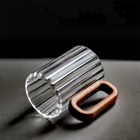 Glass Coffee Mug Ribbed 350ml Walnut Handle Heat Resistant Borosilicate Tea Milk Cup