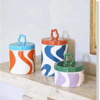 Retro colorful ceramic storage jar with lid wavy design glazed finish kitchen coffee candy container