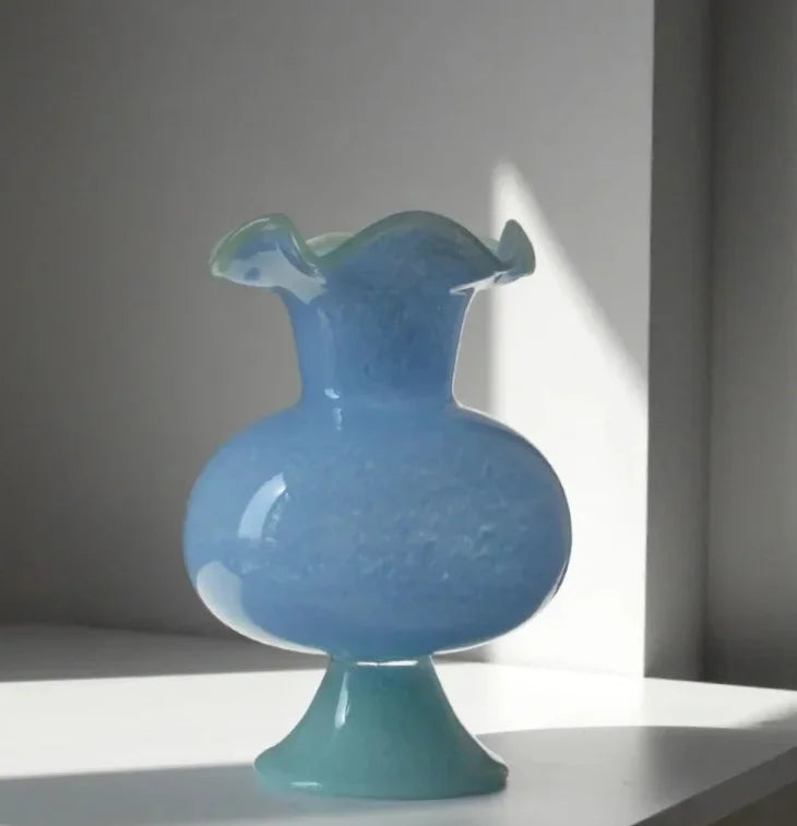 Pastel Pedestal Glass Vase Ruffle Top Romantic Fluted Home Decor Flower Arrangement Accent